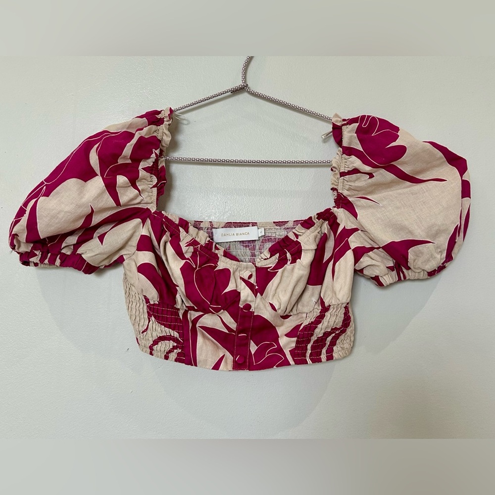Dahlia Bianca- Linen Mix Elegant Floral Puff Sleeve Crop Top